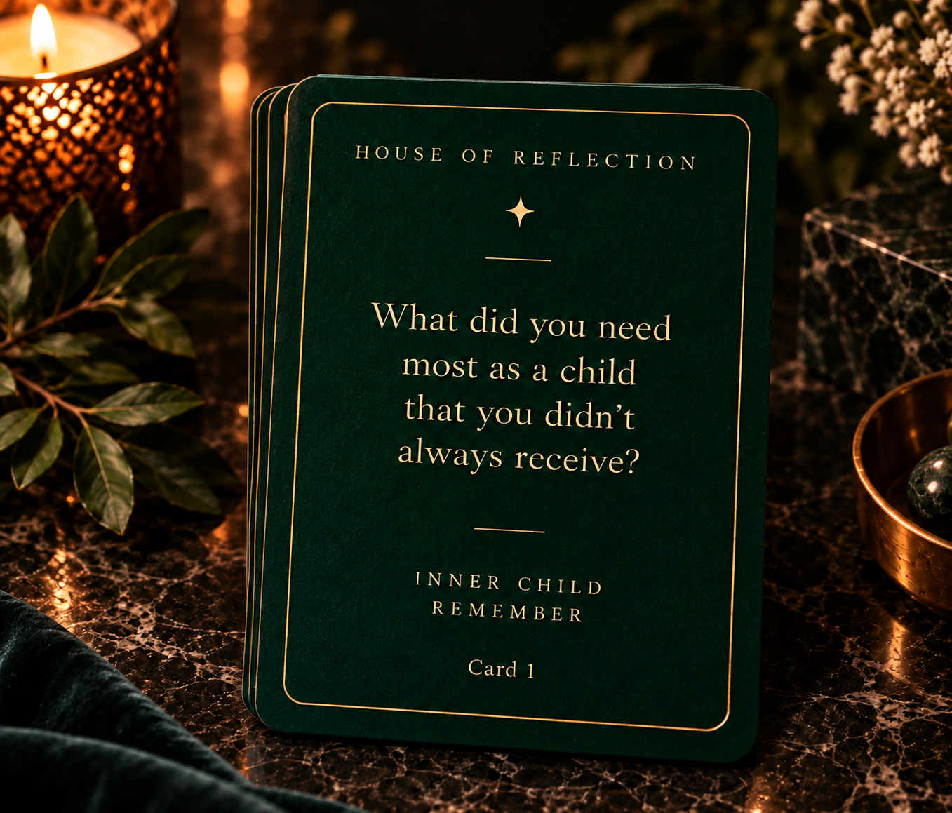 The Younger Self Deck — a green card reading “What did you need most as a child that you didn’t always receive?”